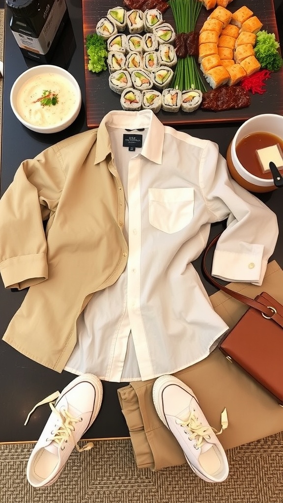 Casual Sushi Night Outfit Ideas Stylish casual outfits for a sushi night, including a linen shirt and chinos on the table with a sushi platter.